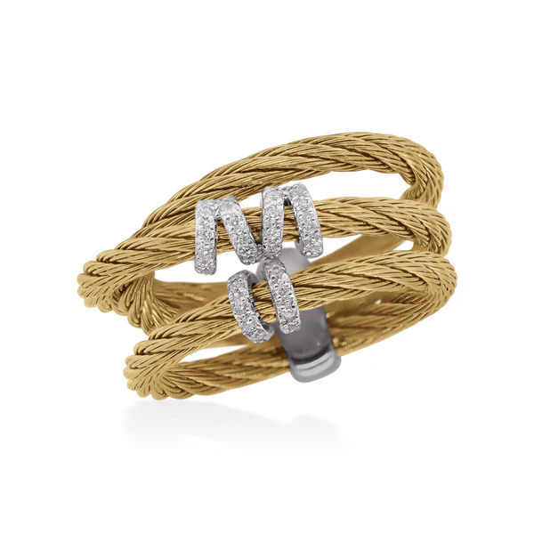 14Kt White Gold Yellow Nautical Cable Three Row Ring With Round Diamonds Weighing 0.35cttw