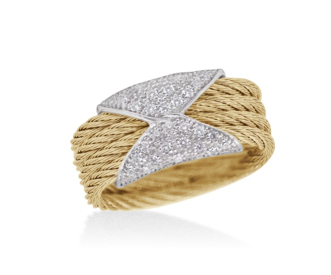 14Kt White Gold Yellow Nautical Cable Hourglass Band With (32) Round Diamonds Weighing 0.16cttw