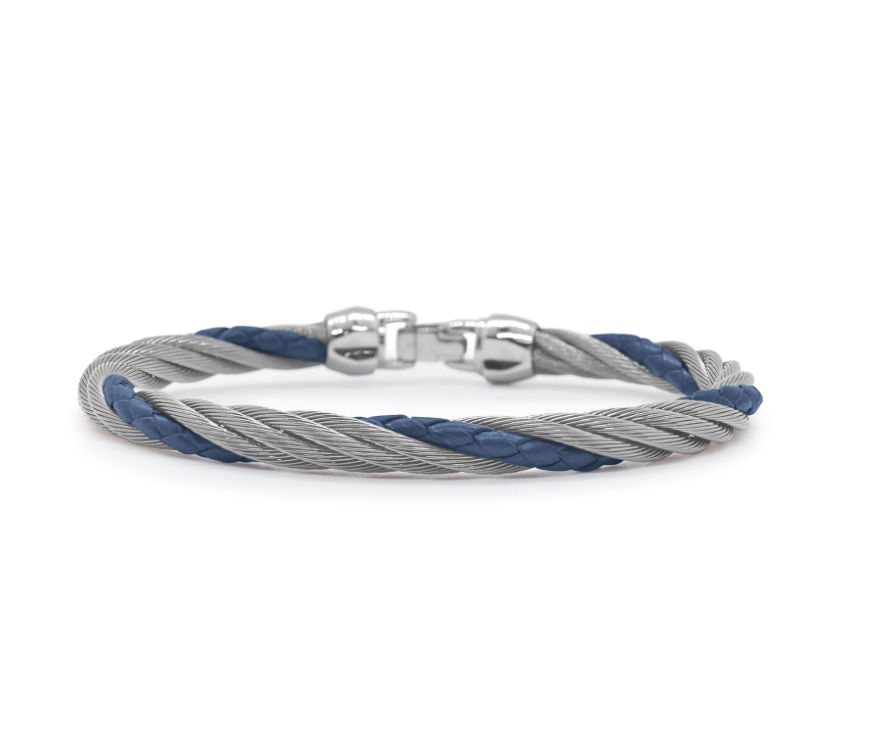 Men's Stainless Steel Grey Nautical Cable And Blue Leather Twisted Bracelet sz7.75