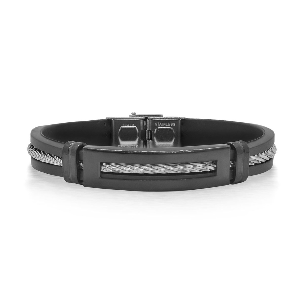 Stainless Steel Grey Nautical Cable And Black Rubber Men's Bracelet