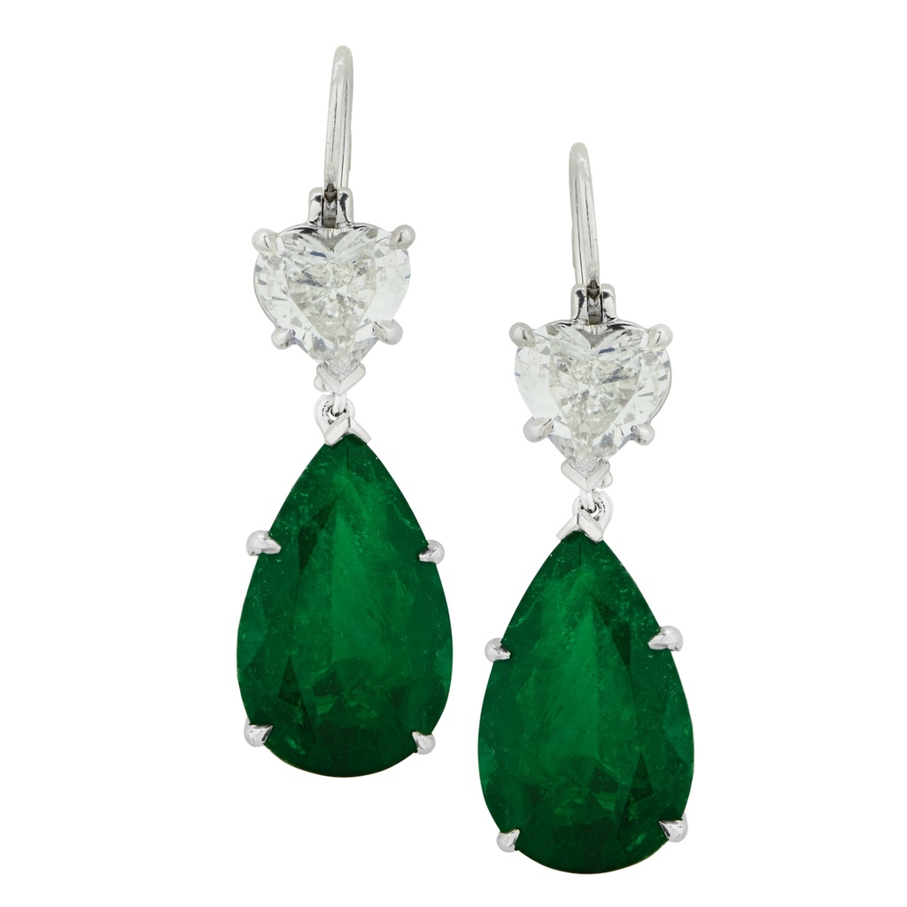Platinum Dangle Earrrings With (2) Pear Shaped Emeralds Weighing 7.88ct And (2) Heart Shaped Diamonds Weighing 2.00ct