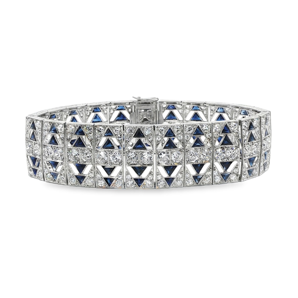Platinum Bracelet With (209) Old European Cut Diamonds Weighing 12.00ct And (84) Triangular Sapphires Weighing 3.00ct 