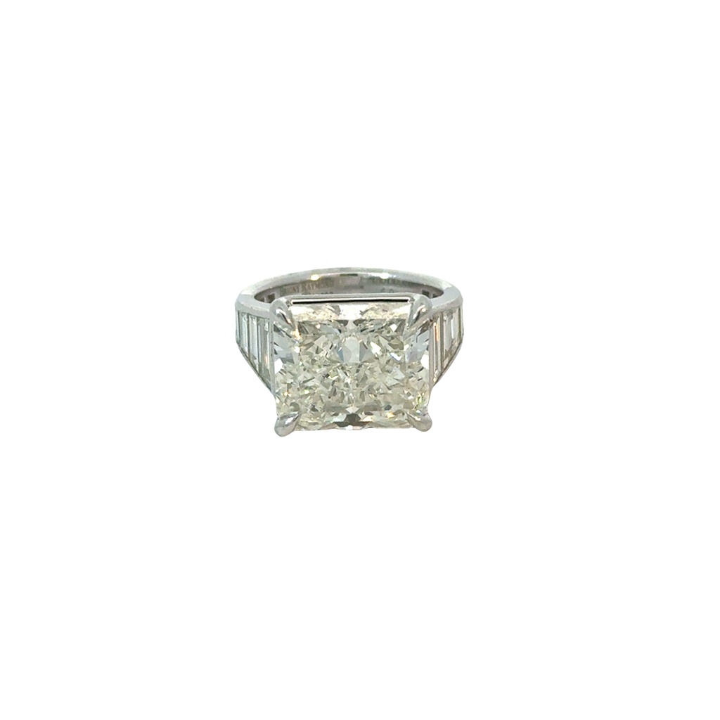 Platinum Ring With A Radiant Cut Diamond Weighing 9.36ct And (16) Trapezoid Diamonds Weighing 2.25ct
