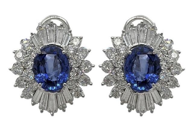 Platinum Earrings With (2) Oval Sapphires Weighing 6.66ct And (56) Baguette And Round Diamonds Weighing 4.00ct