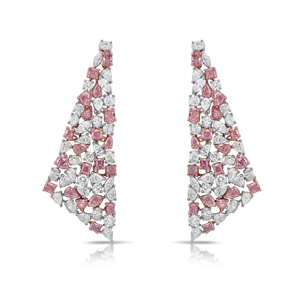 18Kt White Gold Mixed Shape Hanging Earrings With Pink Diamonds Weighing 3.70ct and White Diamonds Weighing 5.66ct