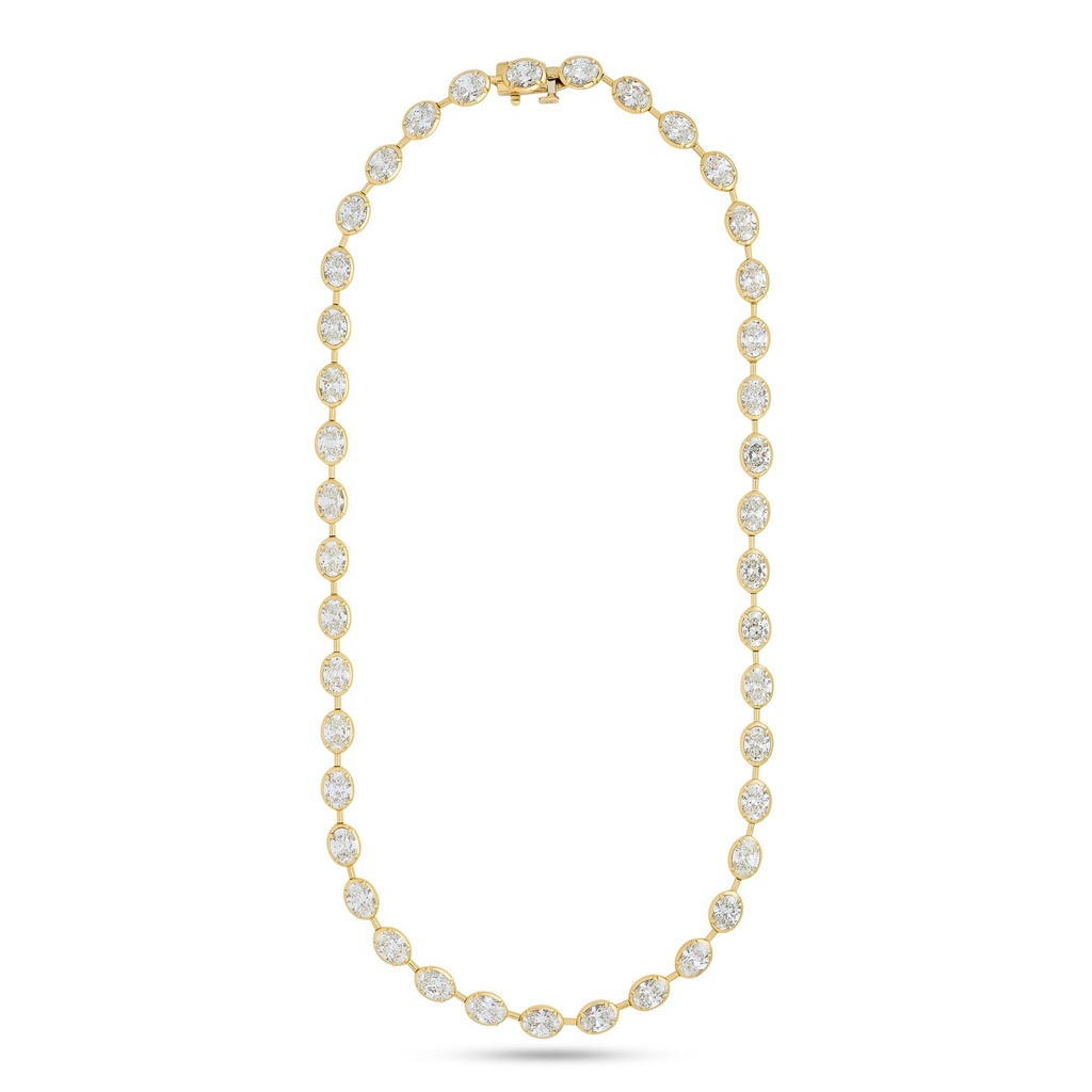 18Kt Yellow Gold Bar Link Collet Tennis Necklace With (41) Oval Diamonds Weighing 21.90cttw