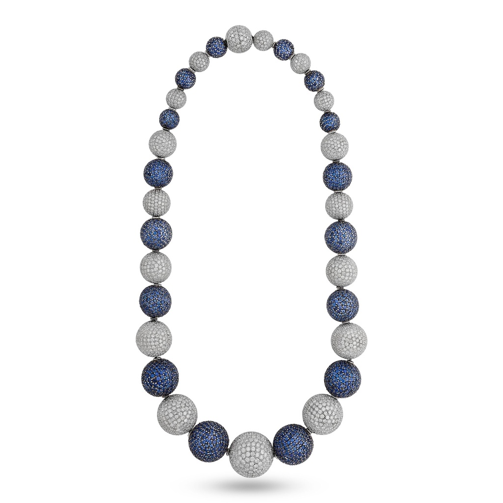 18Kt White Gold Pave Ball Necklace With Sapphires Weighing 52.67ct And Diamonds Weighing 58.00ct