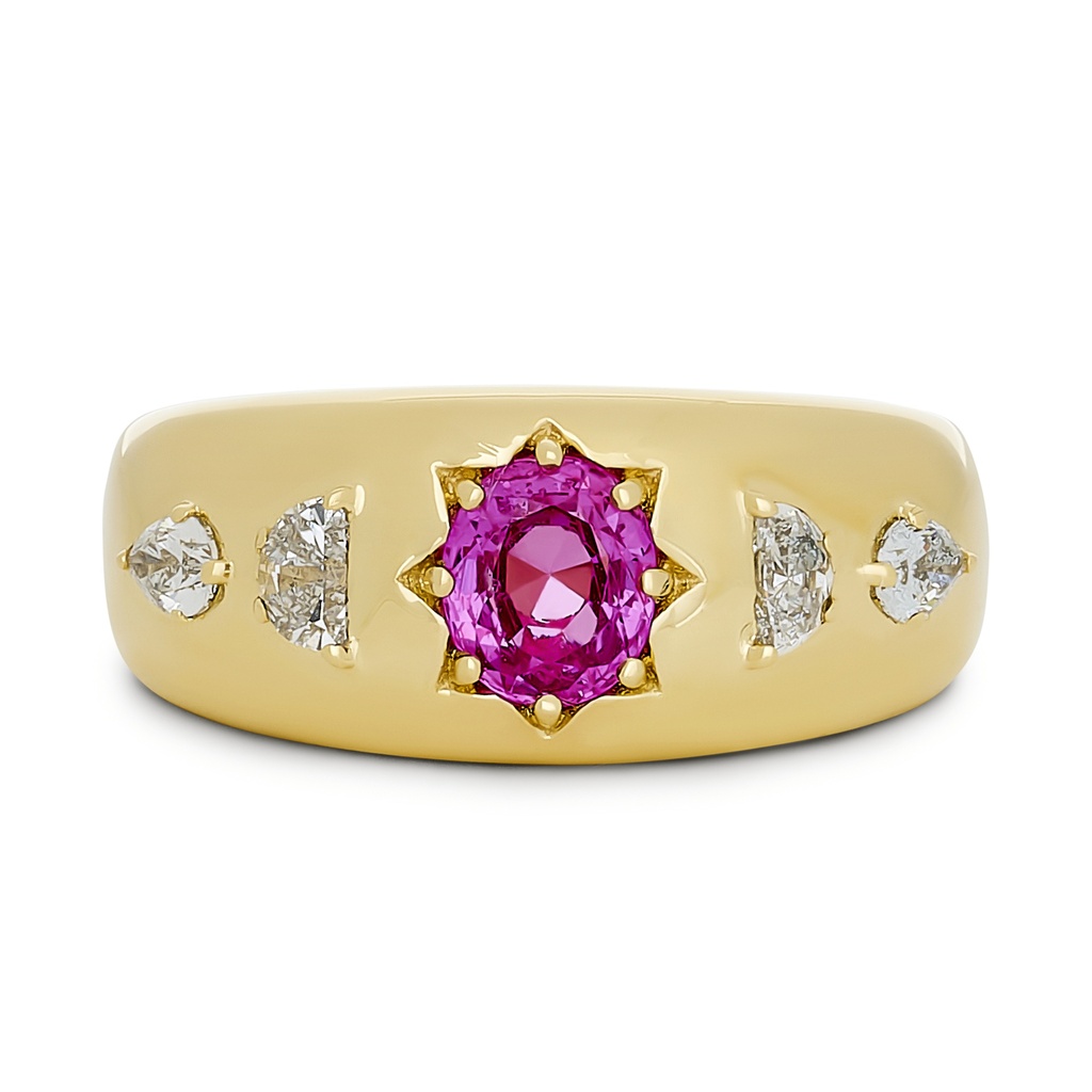 18Kt Yellow Gold Ring With An Oval Pink Sapphire Weighing 0.89ct, (2) Half Moon Diamonds Weighing 0.22ct, And (2) Pear Shaped Diamonds Weighing 0.21ct