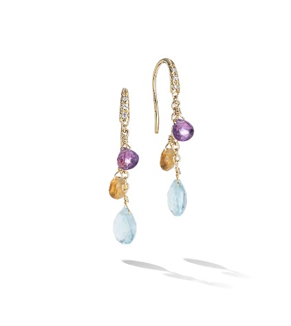 18Kt Yellow Gold Paradise Dangle Earrings With Mixed Gemstones And 6 Round Diamonds Weighing 0.05cttw 