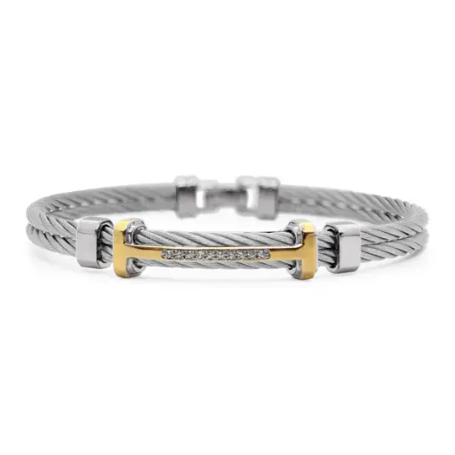 [04-33-9707-11] 14Kt Yellow Gold Grey Nautical Cable Men's Bracelet With (10) Round Diamonds Weighing 0.08cttw