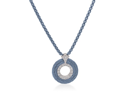 [08-64-0065-11] 14Kt White Gold Island Blue Nautical Cable Circle Necklace 0.15cttw